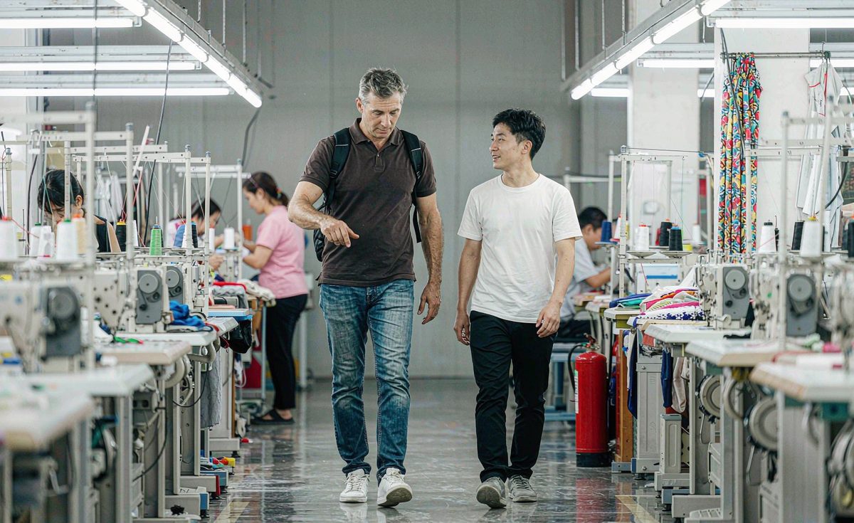 Buyer reviewing tech pack with GorgeousBen merchandiser as part of a clothing supplier visit