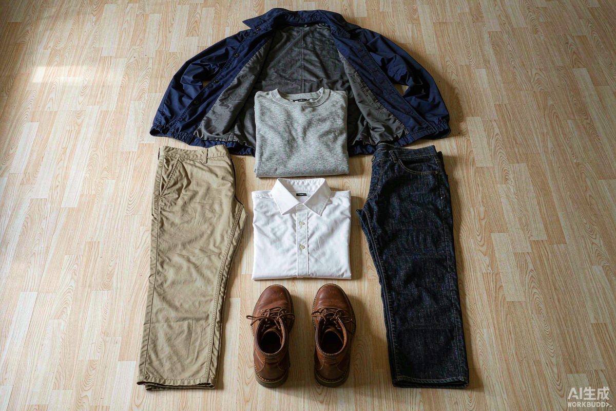 Men's fall capsule wardrobe flat lay with navy jacket, grey sweatshirt, white shirt, khaki chinos, dark jeans and brown boots