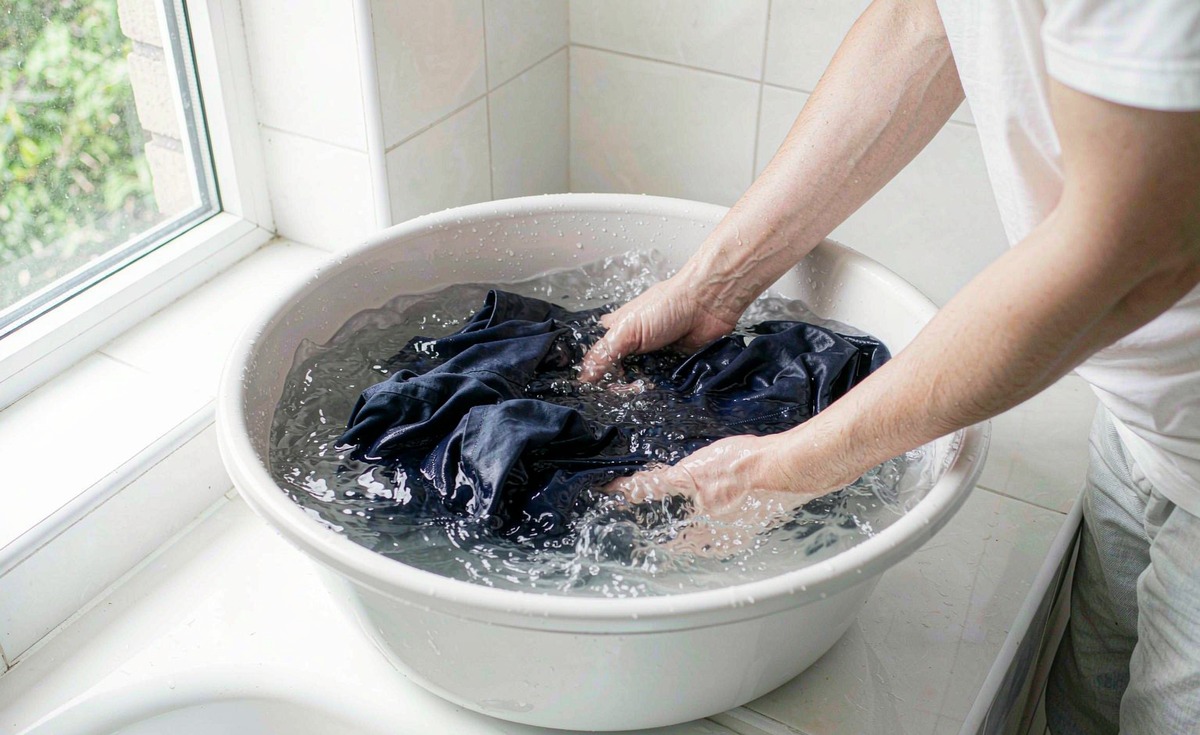 Hand washing lightweight men's trousers in a basin for summer care by GorgeousBen