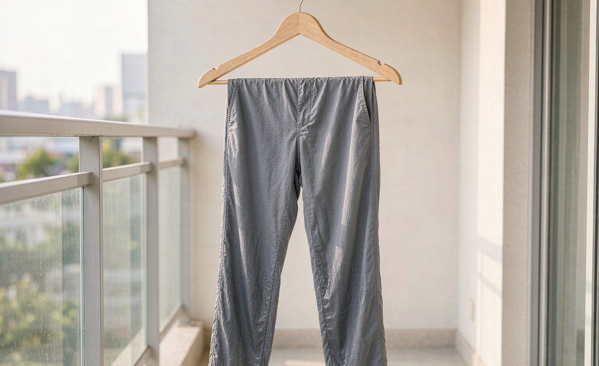 Ice silk pants hang-drying on a wooden hanger instead of a hot tumble dryer - GorgeousBen ice silk care guide