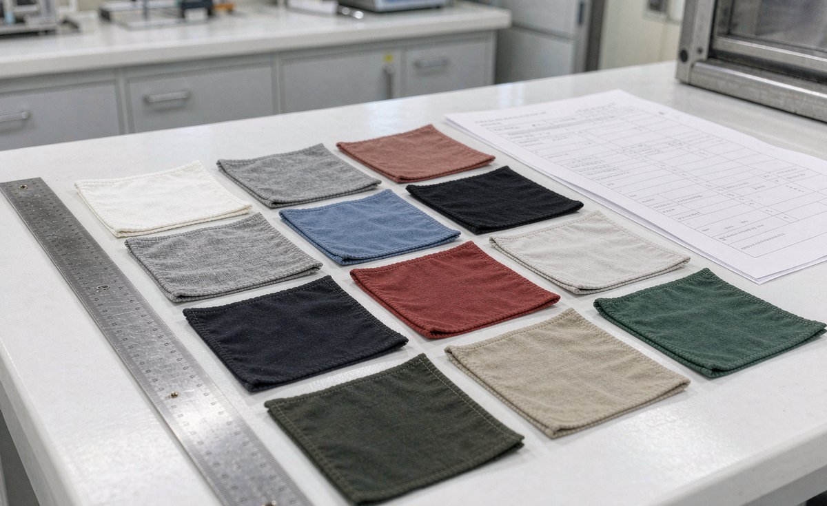 Fabric shrinkage test samples measured beside steel rulers - GorgeousBen fabric test report guide