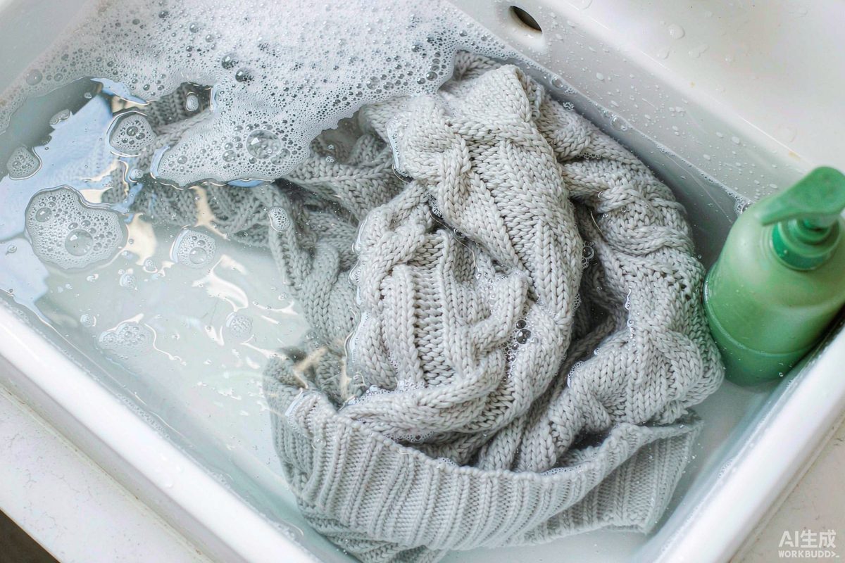 Wool sweater soaking in a basin of cool water with mild detergent - GorgeousBen wool sweater care guide