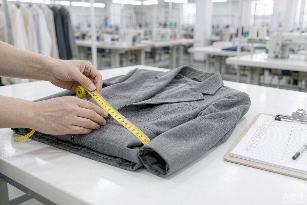 Measuring a garment against the spec sheet during production - GorgeousBen manufacturer communication guide