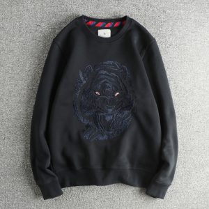 Tiger Head Embroidery, Fleece-Lined and Thickened, Autumn and Winter American-Style Casual Men's Sweatshirt, Comfortable Round Neck, Versatile Pullover with Long Sleeves