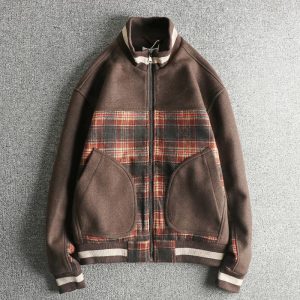 Wool Blend American Casual Retro Plaid Patchwork Men's Stand Collar Jacket Autumn and Winter Trendy Versatile Youth Coat