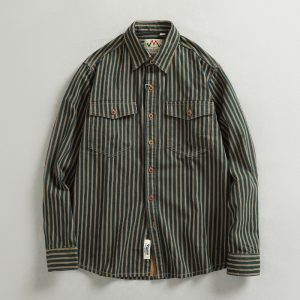 Small Quantity of American Retro Trendy Striped Men's Long-Sleeve Shirts, Woven Cotton, Washed and Distressed Workwear Shirts and Jackets