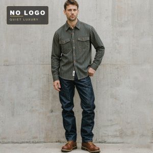 Рубашка в полоску, винтажная потёртая стирка, тканый хлопок, workwear