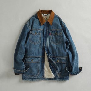 Patchwork Collar Design, Fleece-Lined and Thickened, American-Style Vintage Men's Denim Jacket, Winter Warm Outerwear