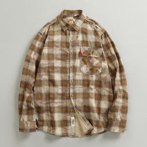 Tie-Dye Plaid Retro Trendy Work Shirt for Men, Woven Cotton, Natural Washed Vintage Spring/Autumn Shirt Jacket