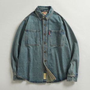 Heavyweight American Nostalgic Retro Denim Shirt for Men, Spring/Autumn Loose Streetwear Long-Sleeve Quality Shirt Jacket