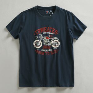 New Vintage Motorcycle Pattern Short-Sleeve T-Shirt for Men, Brushed Pure Cotton, Comfortable and Trendy American-Style Casual Base Layer Half-Sleeve T-Shirt