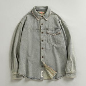 Distinctive Piped Patchwork Heavyweight Washed Vintage Denim Shirt for Men, All-Cotton American Retro Trendy Shirt Jacket