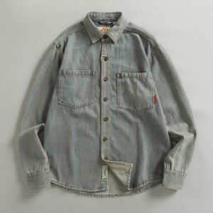 Yarn-Dyed Striped American Retro Heavy-Wash Vintage Denim Long-Sleeve Shirt for Men, Workwear Style, Trendy Casual
