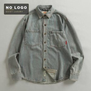 Yarn-dyed striped heavy wash vintage denim long sleeve shirt for men