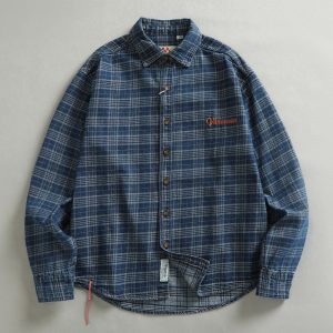 Custom-Woven Plaid Fabric Embroidered Letter American Retro Denim Shirt for Men, Workwear Trend Loose Shirt Jacket