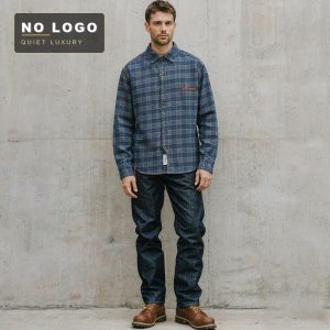 Custom-Woven Plaid Fabric Embroidered Letter American Retro Denim Shirt for Men, Workwear Trend Loose Shirt Jacket