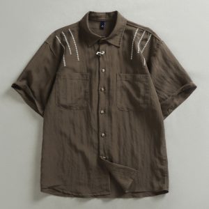 Embroidered Lyocell Linen Blend Old-Money Short-Sleeve Shirt for Men, Simple Pocket, Loose Comfortable Shirt
