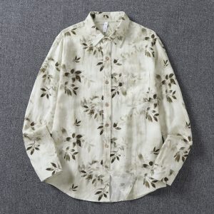 Lyocell Linen Blend Leaf-Motif Relaxed Printed Long-Sleeve Shirt for Men, Loose Versatile Comfort