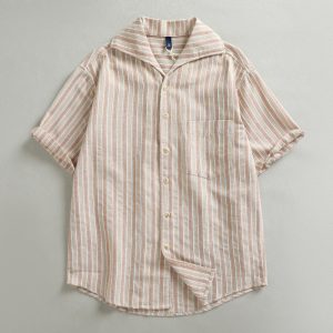 One-Piece Collar Jacquard Striped Short-Sleeve Shirt for Men, American Trend Old-Money Style, Loose Simple Shirt