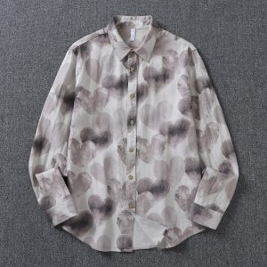 Lyocell Linen Blend Relaxed-Fit Printed Long-Sleeve Shirt for Men, Design Aesthetic, Loose Versatile Comfort