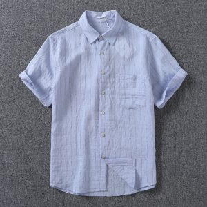 Linen Blend Striped Short-Sleeve Shirt for Men, Relaxed Fit with Simple Pocket, Loose Versatile Summer Shirt