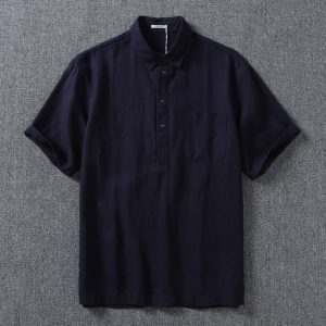 Linen Lyocell Blend Old-Money Style Half-Open Collar Short-Sleeve Shirt for Men, Lightweight Loose Summer Shirt