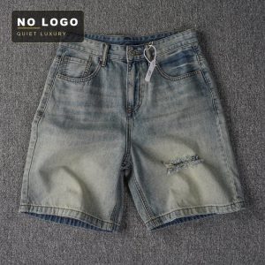 Men's Vintage Blue Ripped Denim Shorts - Relaxed Straight