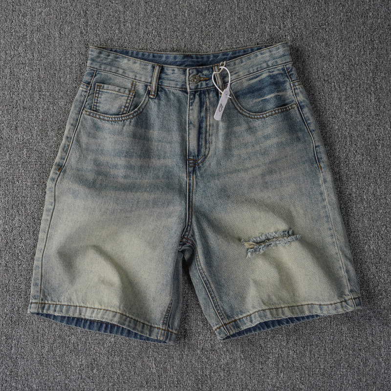 Men's Vintage Blue Ripped Denim Shorts - Relaxed Straight