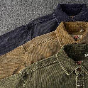 Men's Washed Corduroy Shirt - Embroidered Long Sleeve