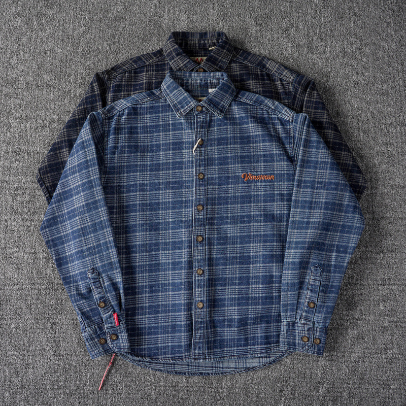 Men's Embroidered Plaid Denim Shirt - Vintage Fit
