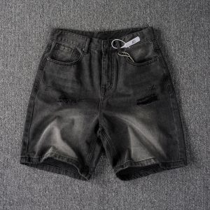 Men's Washed Black Denim Shorts - Distressed Relaxed