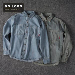 Embroidered plaid denim shirt in vintage brown tones