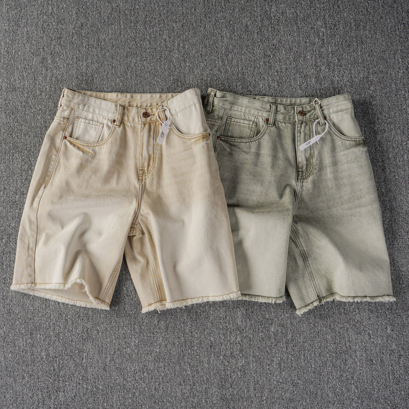 Men's Frayed Hem Denim Shorts - Heavy Wash Bermuda