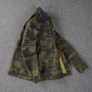 Men's Washed Cotton Camo Jacket - Four-Pocket Contrast Collar