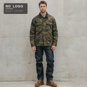 Men's Washed Cotton Camo Jacket - Four-Pocket Contrast Collar