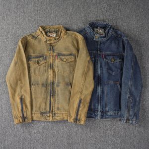 Men's Clay-Dyed Retro Denim Jacket - Motorcycle Stand Collar