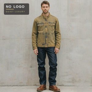 Clay-dyed retro denim jacket with a stand collar