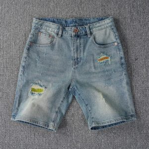 Men's Distressed Patchwork Denim Shorts - Embroidered Waist