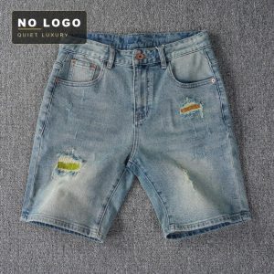 Men's Distressed Patchwork Denim Shorts - Embroidered Waist