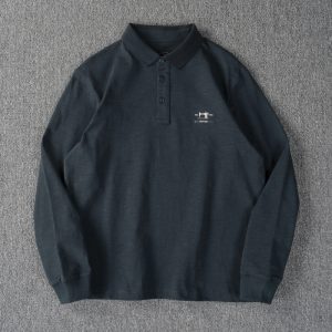 Men's Long Sleeve Polo Shirt - Slub Cotton Embroidered