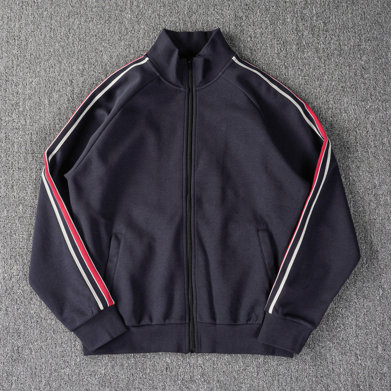 Men's Zip-Up Stand Collar Sweatshirt - High Street Webbing Detail Jacket - Image 4