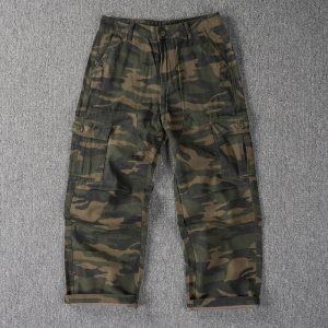 Men's Washed Cotton Camo Cargo Pants - Relaxed Wide Leg