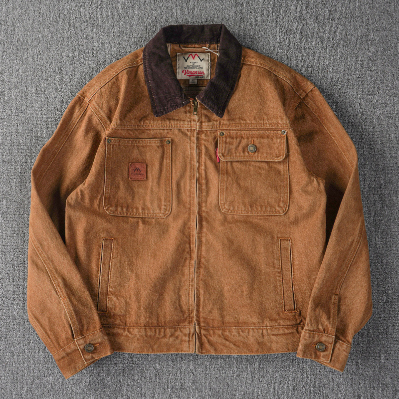 Men's Washed Corduroy-Panel Denim Jacket - Vintage Workwear - Image 3