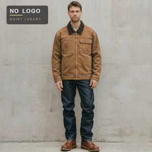 Washed corduroy-panel denim jacket in vintage workwear style