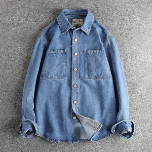 Men's Vintage Washed Denim Overshirt - Long Sleeve Shirt Jacket