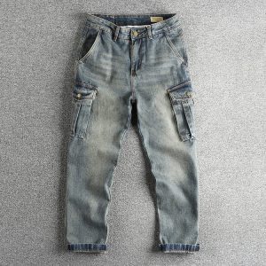 Vintage Blue Washed Old Hong Kong Style Trendy Tooling Jeans Men's Loose Tapered All-match Youth Pants Boots Pants