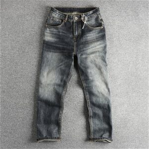 Heavy Washed Dressed Blue Grey Jeans Men's American Style High Street Fashionable Loose Straight Pants for Young Men