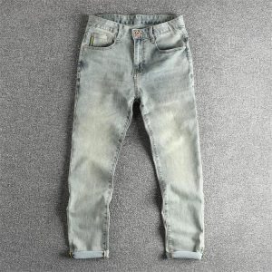 Vintage Blue Washed Distressed Spring and Summer New Men's Slim Fit Skinny American Trendy Youth Tapered Jeans