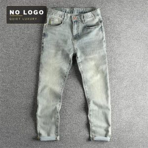 Vintage Blue Washed Distressed Spring and Summer New Men's Slim Fit Skinny American Trendy Youth Tapered Jeans