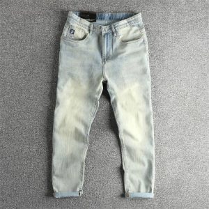 Retro Light Blue Washed Vintage Jeans for Men with Cloud Embroidery on the Back Pocket, Slim Fit Tapered Straight-Leg Pants with Slight Stretch